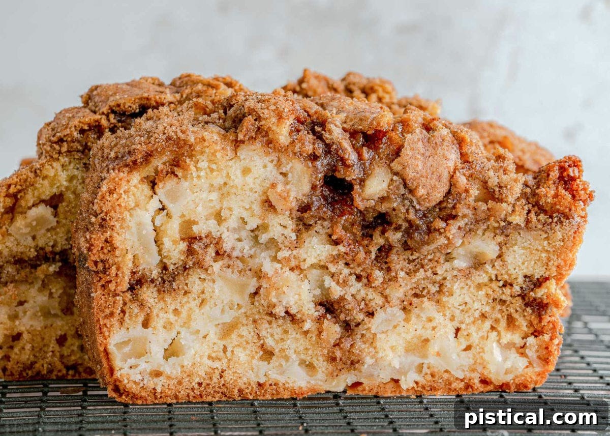 Close-up front view of a single slice of apple bread, showing the cinnamon swirl, resting on a cooling rack.
