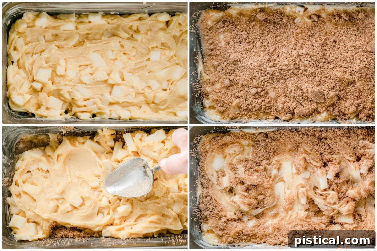 A four-image collage showing the process of assembling apple bread in a loaf pan, layering batter with cinnamon swirl.