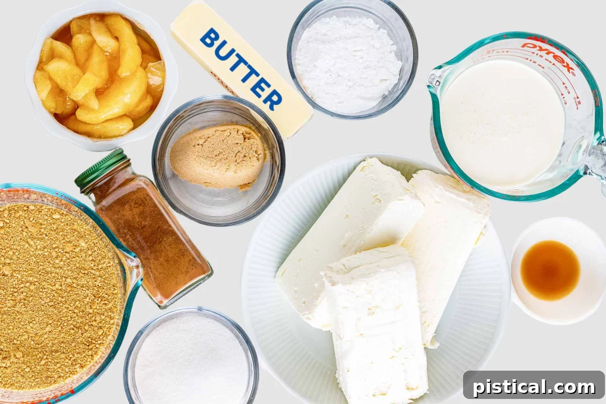 A beautifully arranged top-down view of all the measured ingredients for the apple cheesecake, ready for assembly, showcasing their freshness and quality.