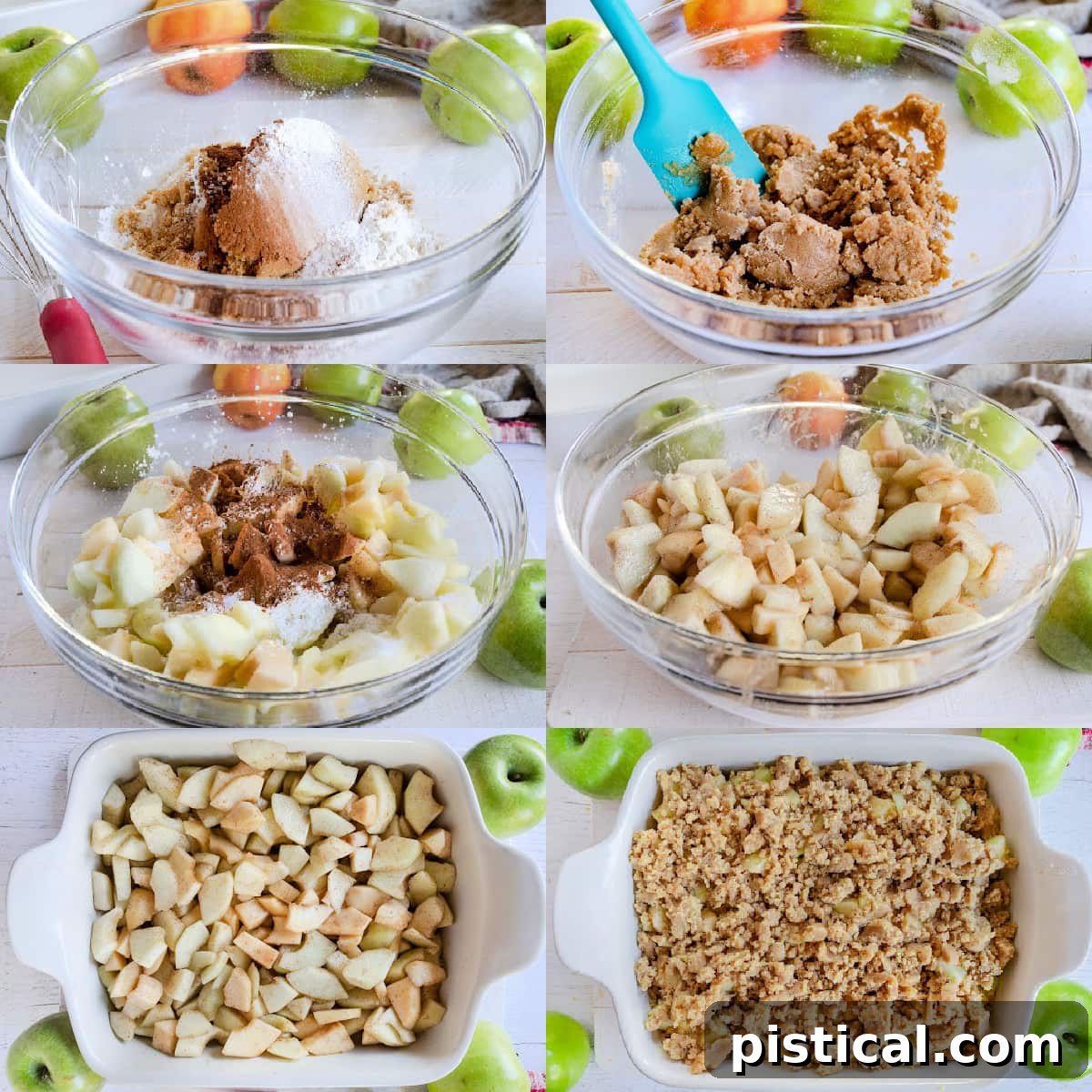 six image collage showing step by step how to make apple crumble.