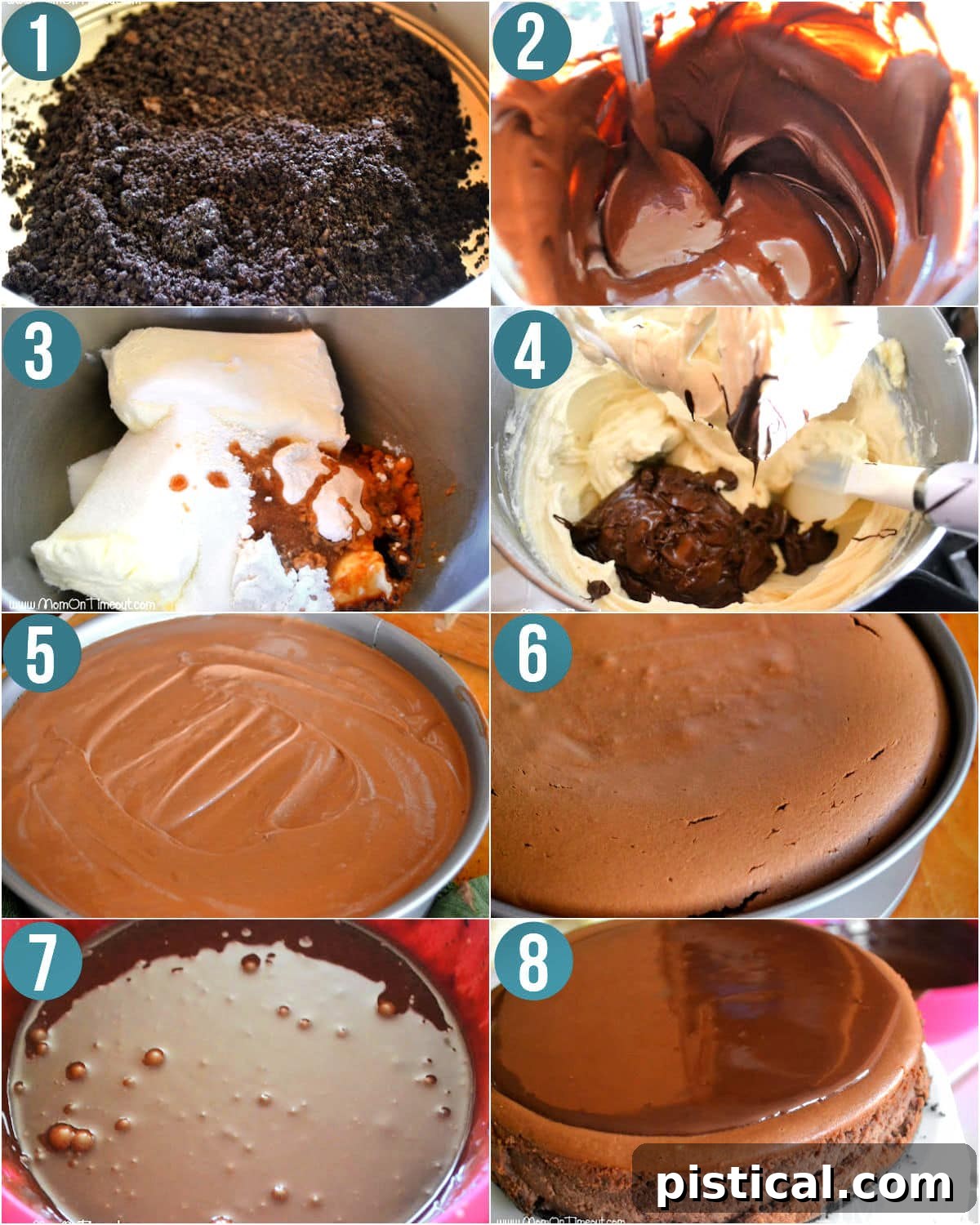 Eight image collage showing how to make chocolate cheesecake step by step.