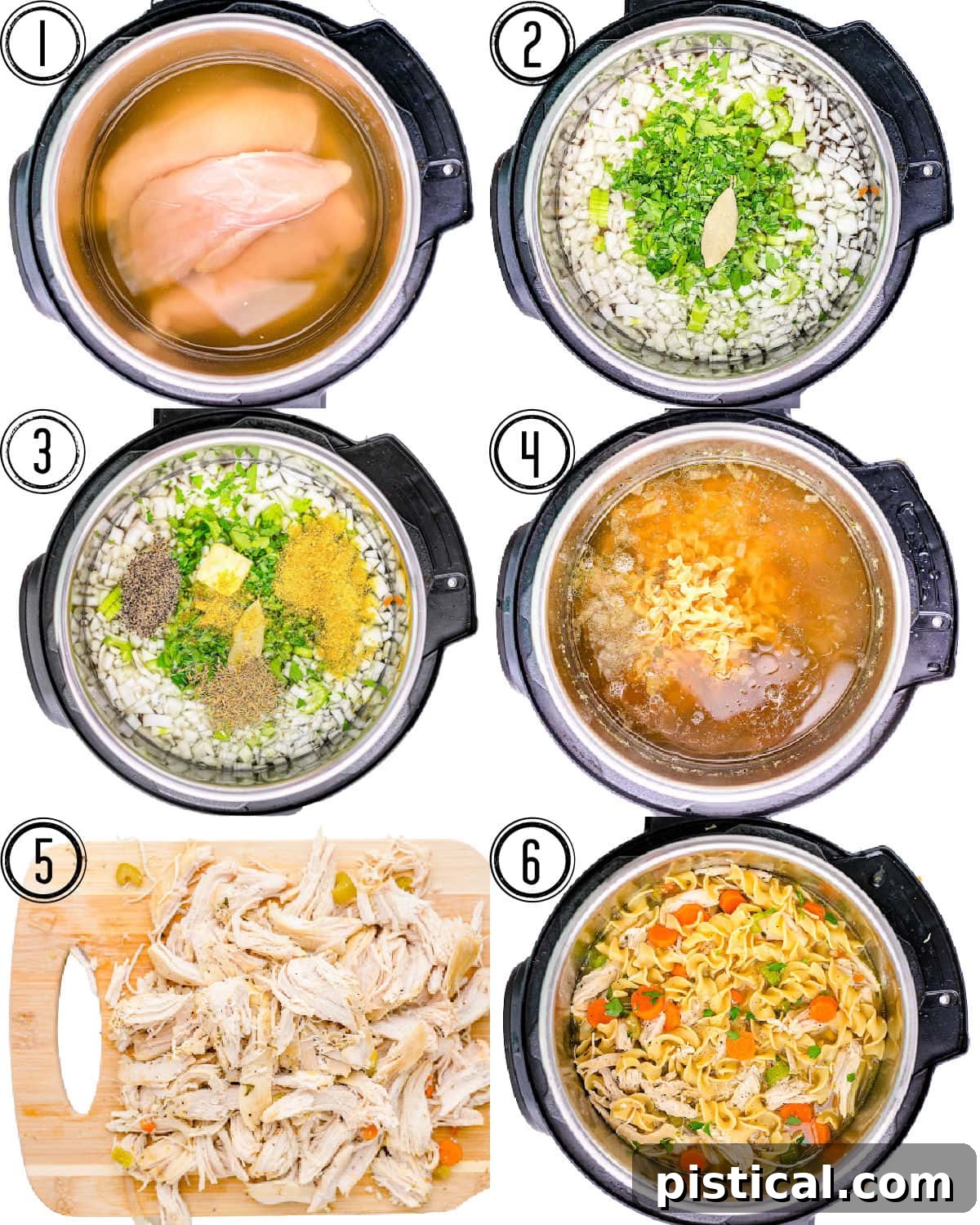 A six-image collage visually demonstrating the easy, step-by-step process of preparing Instant Pot Chicken Noodle Soup, from combining ingredients to the finished dish.