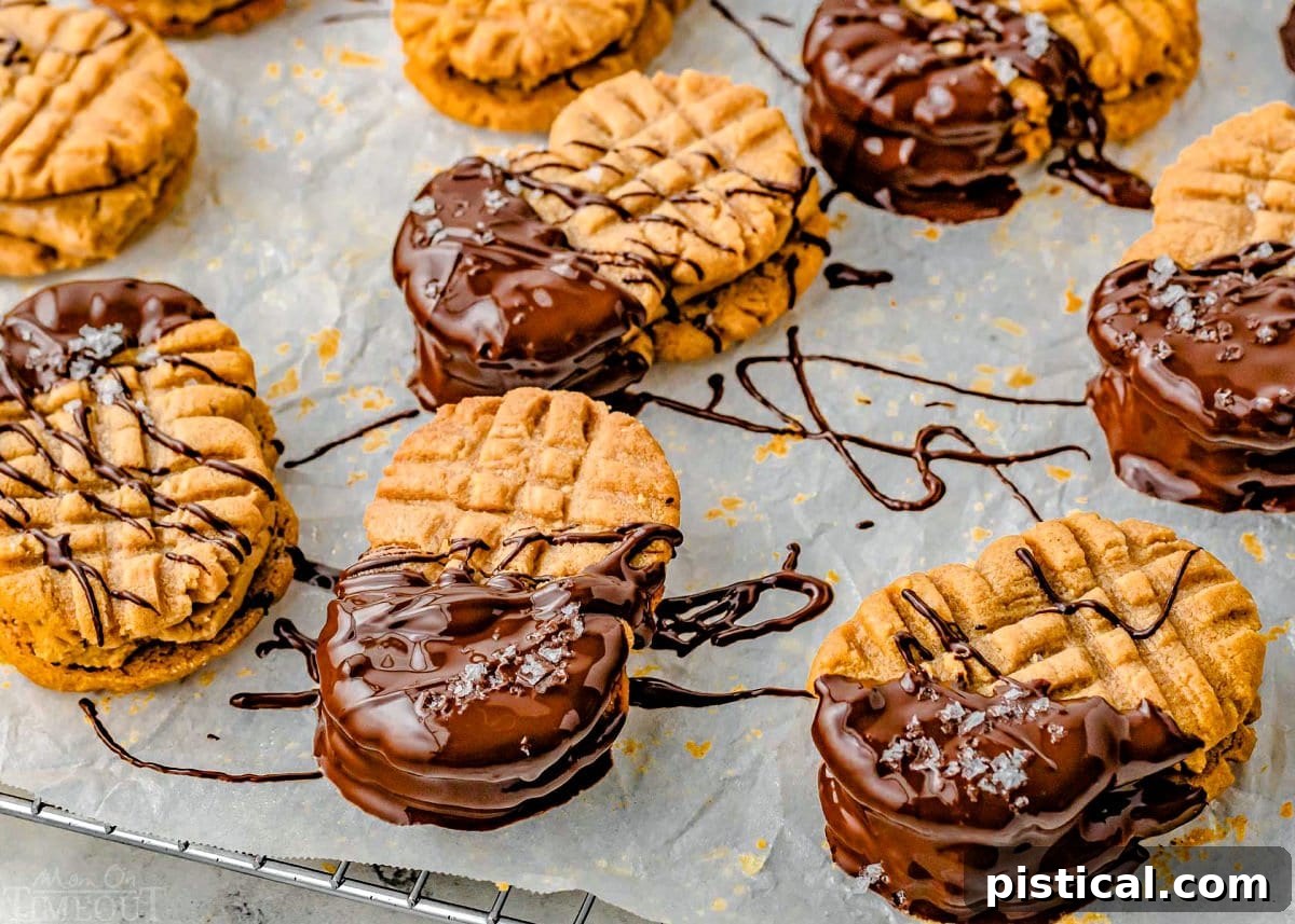 wide shot of peanut butter sandwich cookies dipped in chocolate waiting to be enjoyed.
