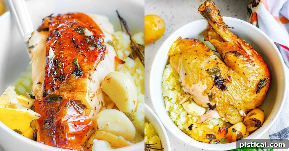 two image collage with pieces of chicken ready to be enjoyed from a roasted chicken.