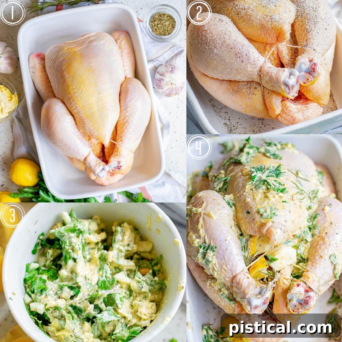 4 image collage showing chicken being prepped for roating.