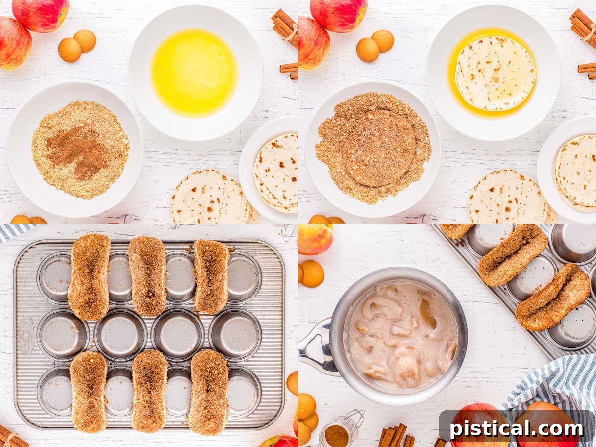 Cinnamon Apple Taco Treats 4 four image collage showing how to make and assemble apple pie tacos.