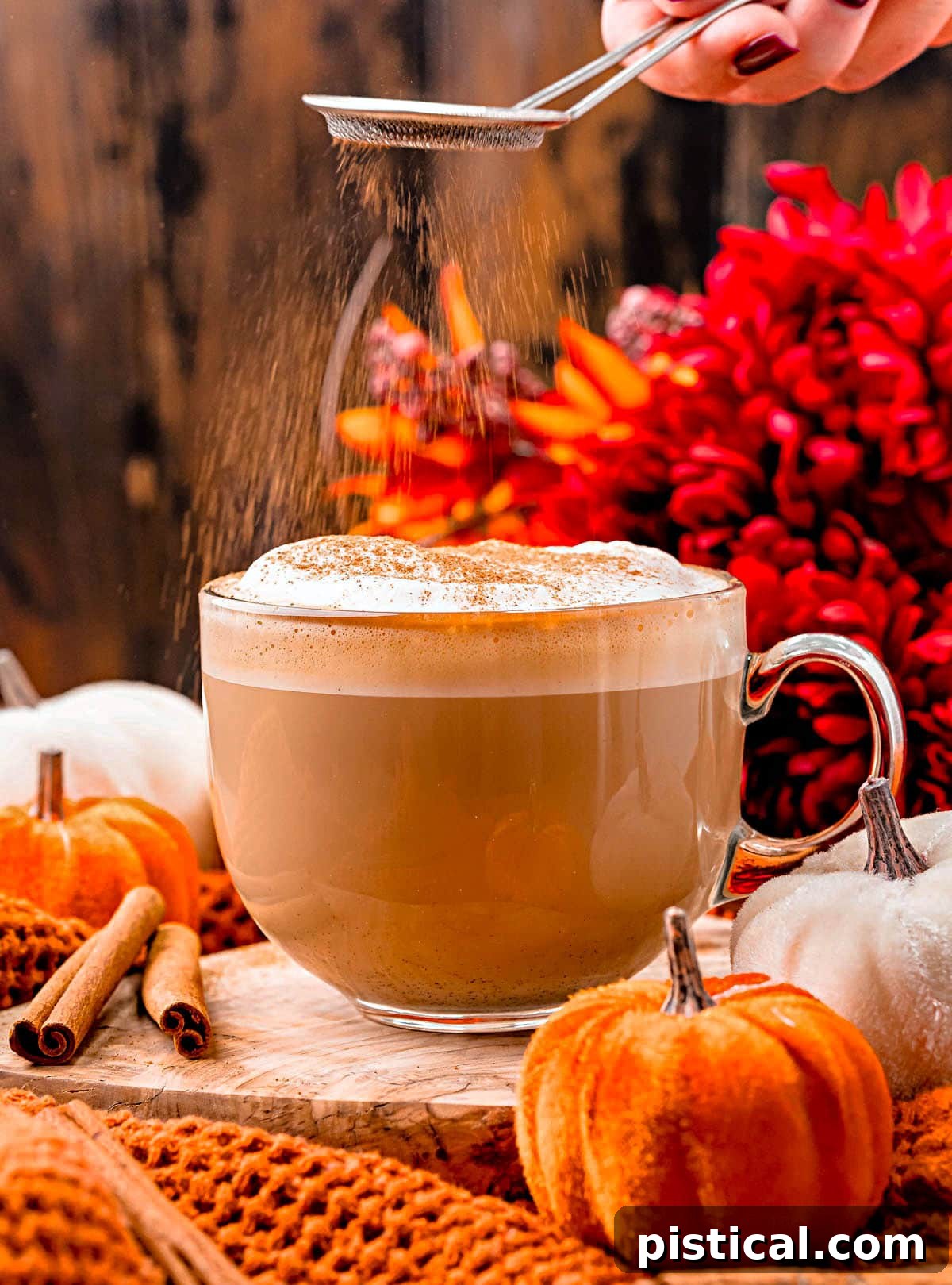 Harvest Spice Latte 2 Pumpkin spice latte in glass mug with pumpkin spice being dusted on top of the foam topping. Colorful fall flowers in background and small velvet pumpkins scattered about.
