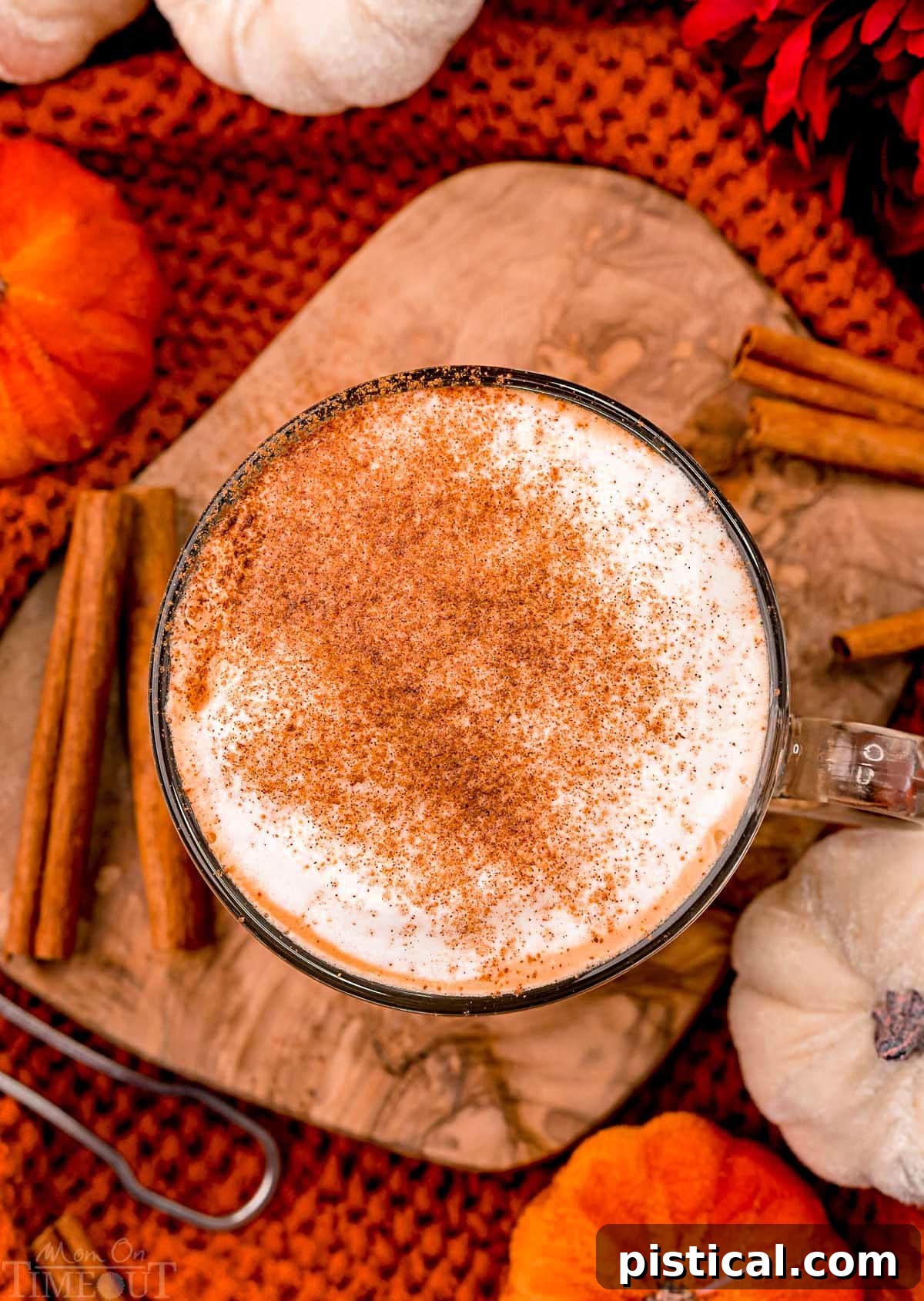 Harvest Spice Latte 4 Top down look at PSL on olive board with cinnamon sticks resting near the glass mug.