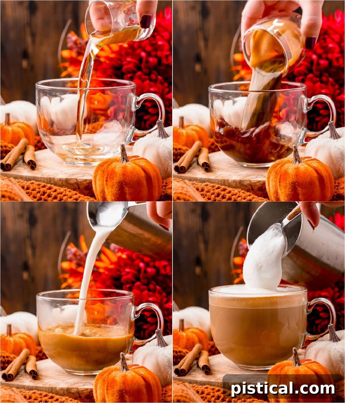 Harvest Spice Latte 5 Four image collage showing how to make pumpkin spice latte.
