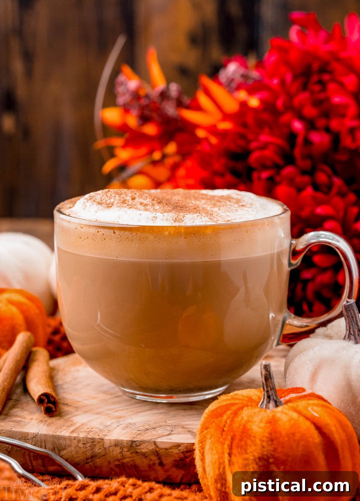 Harvest Spice Latte 8 Perfect mug of homemade pumpkin spice latte sitting olive board ready to be enjoyed.