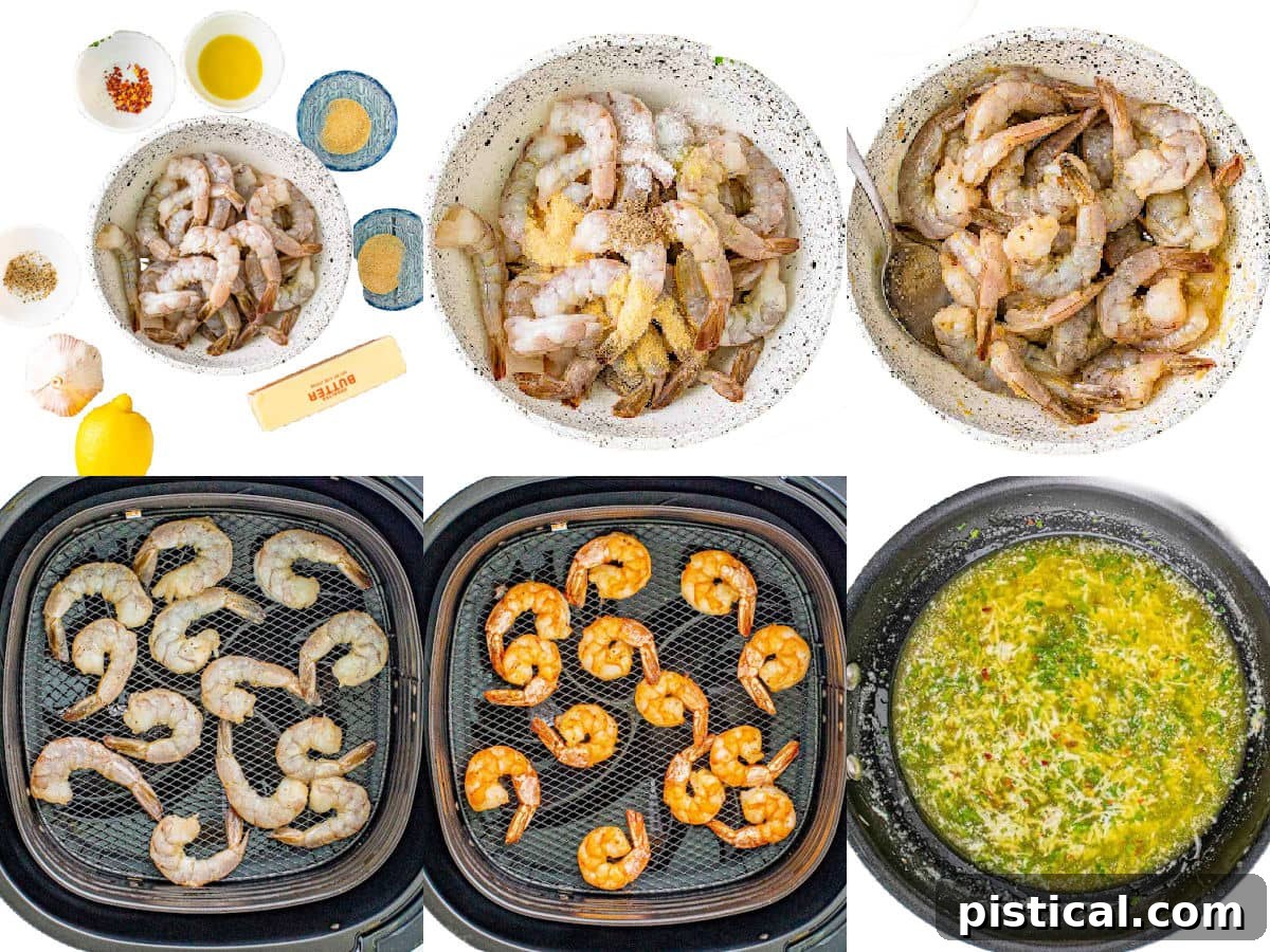 A step-by-step visual guide: six-image collage demonstrating the process of cooking shrimp in an air fryer.