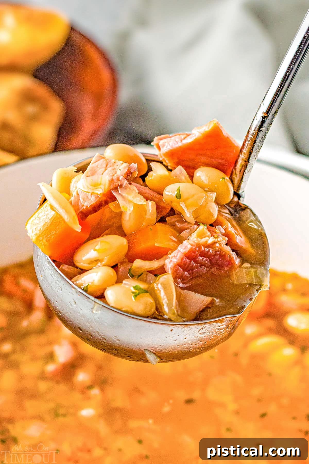 ladle full of ham and navy bean soup held above the pot of soup.