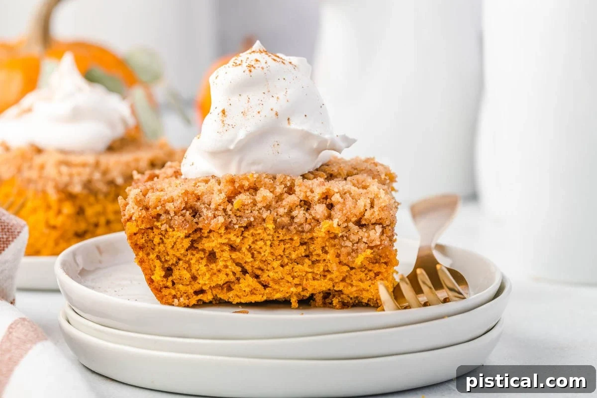 A decadent pumpkin coffee cake, generously topped with fluffy whipped cream and a delicate dusting of pumpkin pie spice, rests invitingly on three pristine white stacked plates.