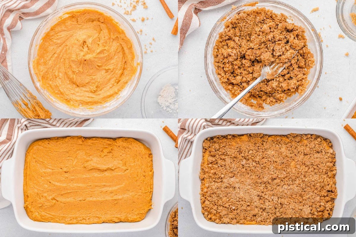 A four-image collage illustrating the step-by-step process of making a delicious pumpkin cake complete with a crumbly streusel topping.