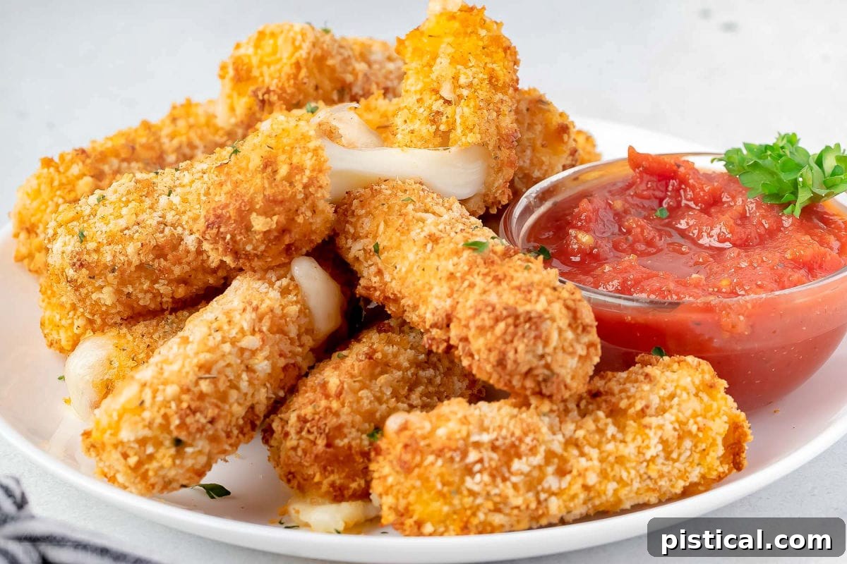 Golden & Gooey Air Fryer Mozzarella Sticks 3 A top-down view of numerous freshly cooked mozzarella sticks glistening on a white plate, accompanied by a small, inviting bowl of marinara dipping sauce.