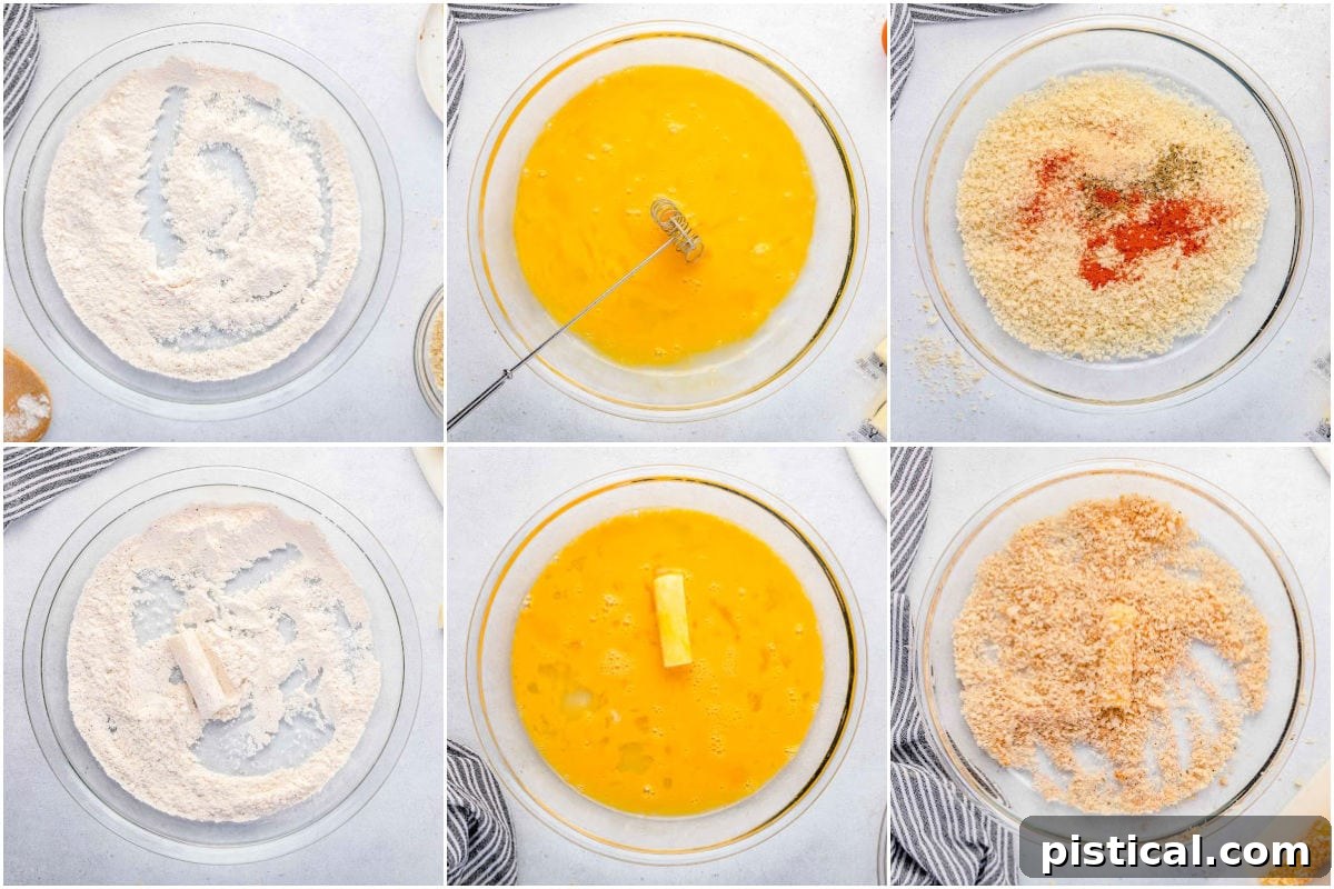 Golden & Gooey Air Fryer Mozzarella Sticks 5 A six-image collage illustrating the step-by-step process of preparing mozzarella sticks for air frying, from cutting the cheese to the final breading and freezing.
