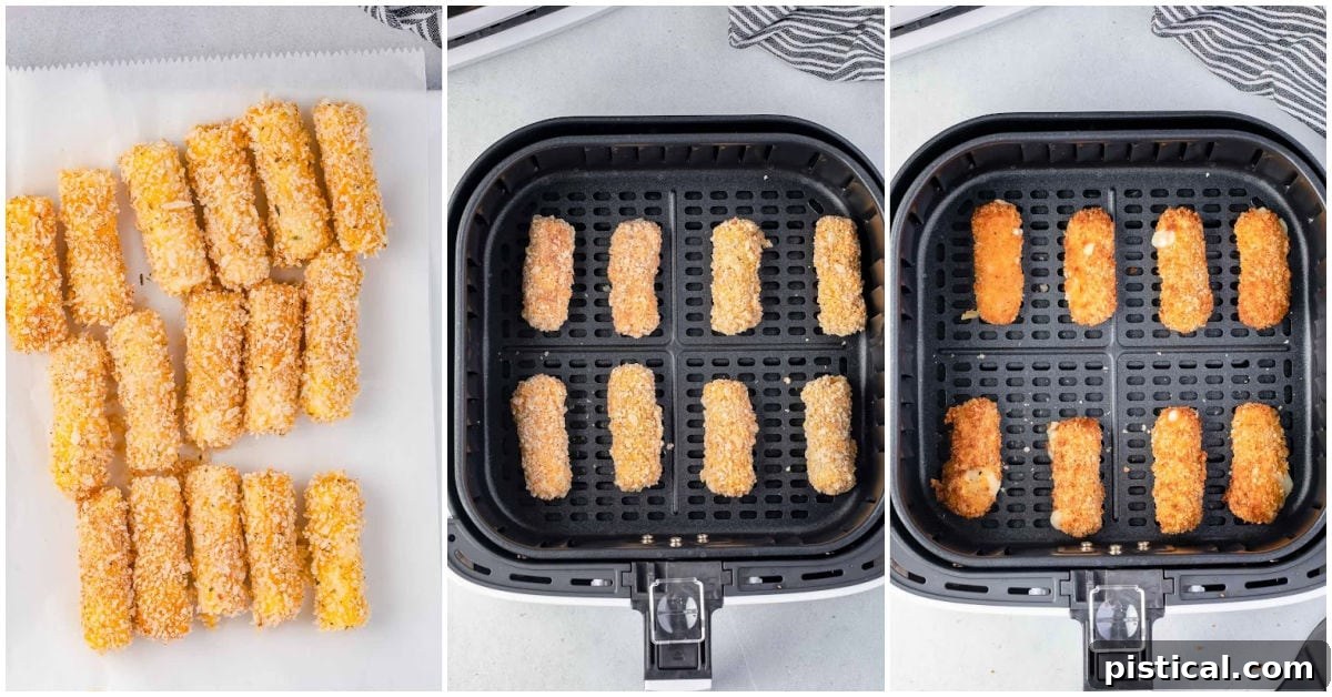 Golden & Gooey Air Fryer Mozzarella Sticks 6 A three-image collage showing frozen mozzarella sticks being cooked in an air fryer, capturing their transformation into crispy, golden snacks.