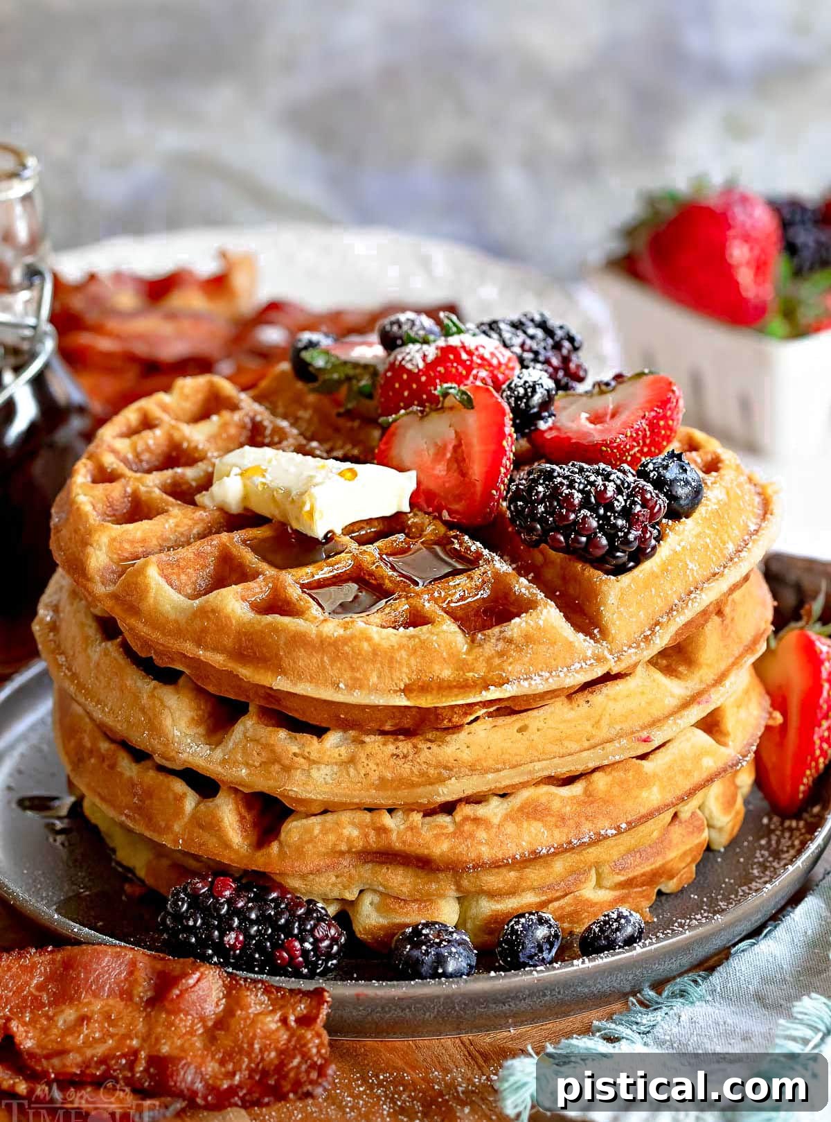 A big stack of fluffy waffles topped with fresh berries, butter, and syrup, ready to be enjoyed for a delightful breakfast or brunch.