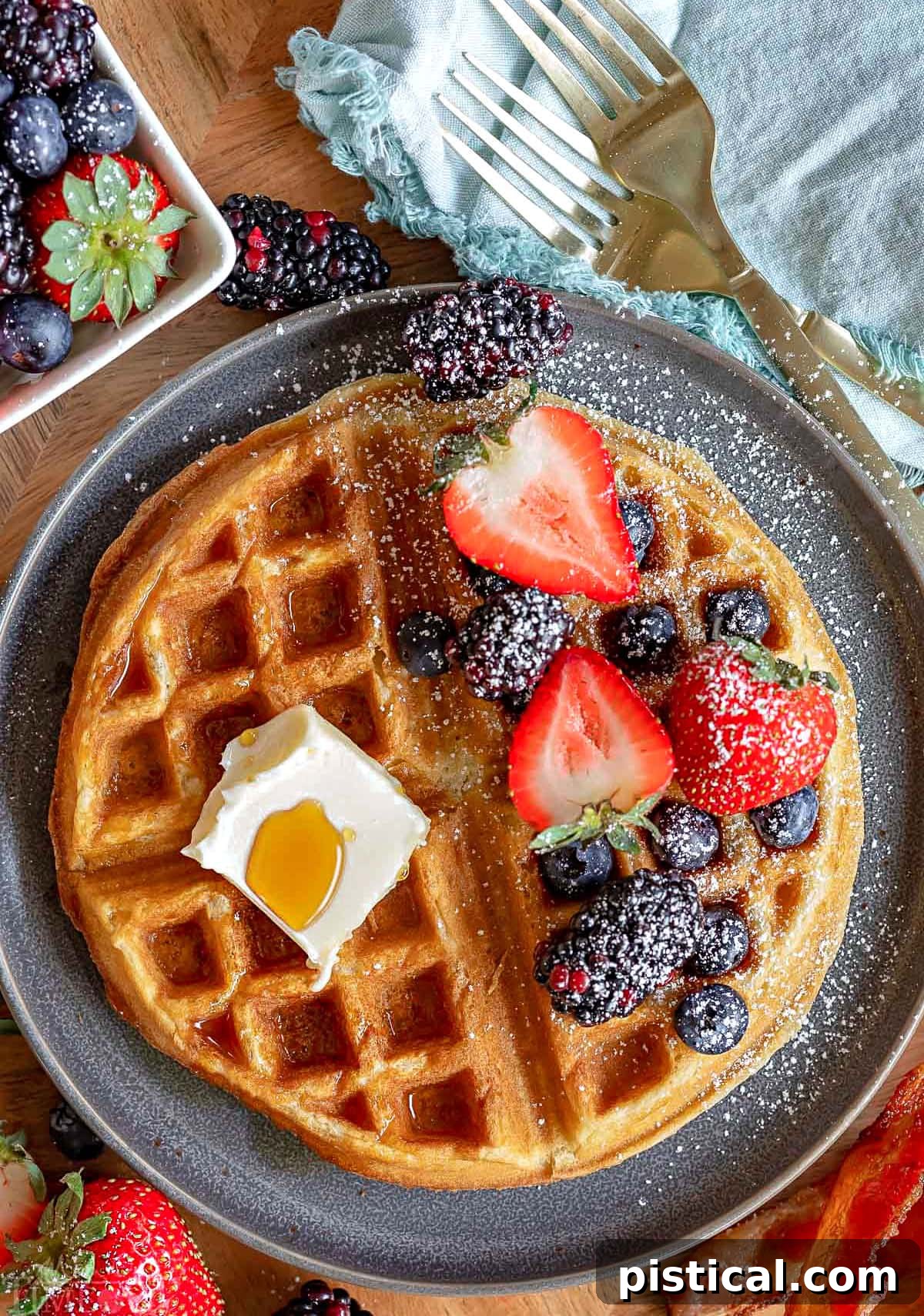 Top-down view of a gray plate featuring one waffle, half topped with butter and syrup, and the other half with fresh berries and powdered sugar. A perfect presentation of classic and fruity waffle toppings.