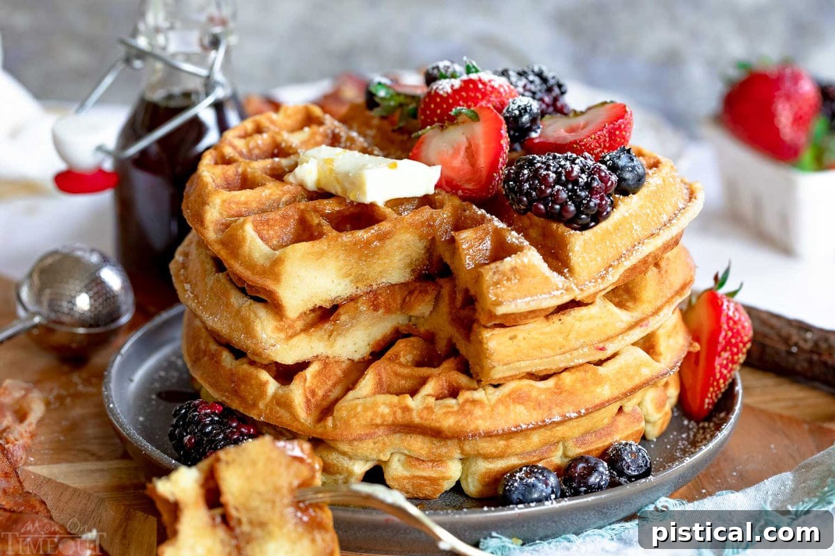 Four golden-brown waffles stacked neatly on a gray plate, topped with fresh berries and a pat of butter, with a fork holding a bite-sized piece nearby. A delicious and inviting breakfast scene.
