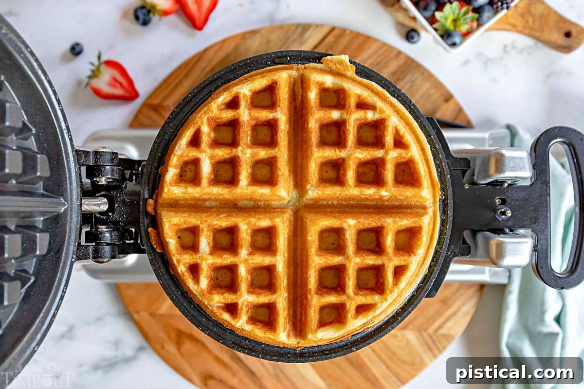 A perfectly golden and crispy waffle resting in an open waffle maker, showing its delicious texture and readiness to be served.