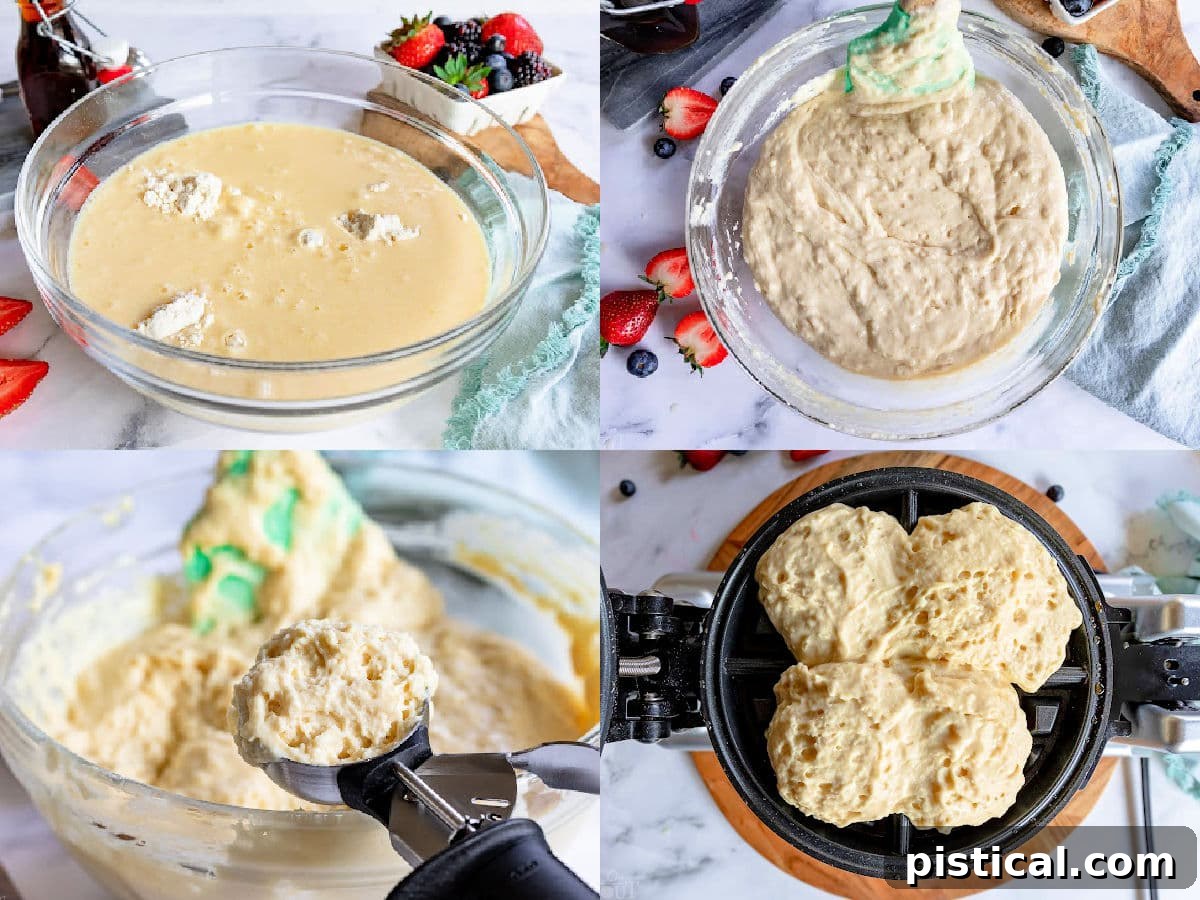 A four-image collage demonstrating the step-by-step process of preparing waffle batter and cooking waffles on a waffle iron.