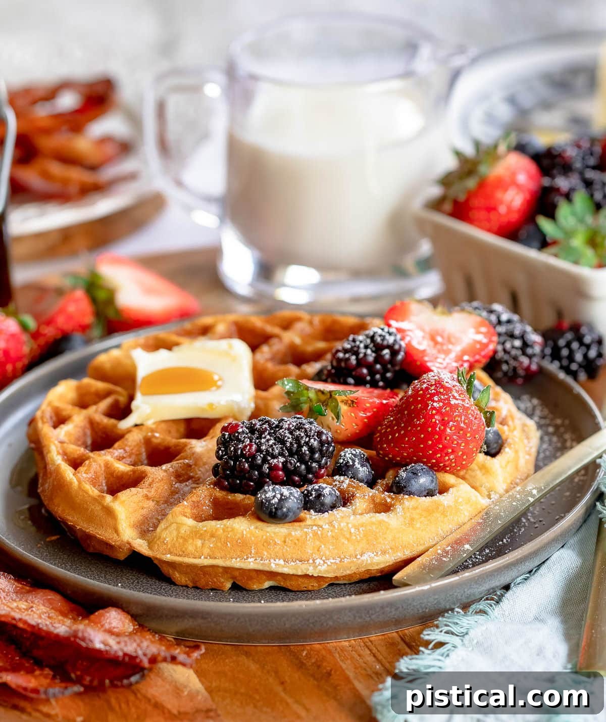 A single waffle adorned with fresh berries and powdered sugar, alongside butter and syrup, with a glass of milk and crispy bacon blurred in the background, creating a mouth-watering breakfast scene.