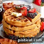 big stack of fluffy waffles topped with fresh berries butter and syrup.
