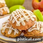 apple cookies sitting on white plate with gold rim with maple icing drizzle don top. fresh apples and apple slices in background.
