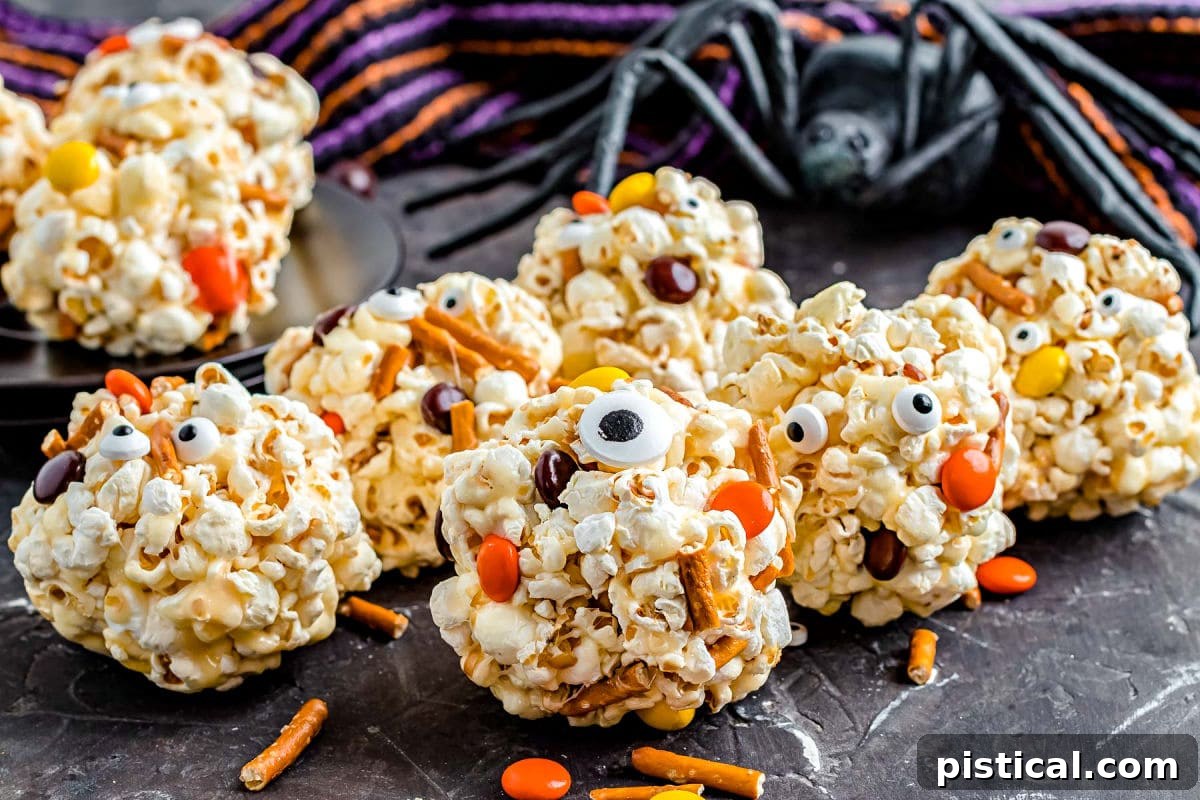 A close-up view of eight decorated Halloween popcorn balls, featuring various candies, pretzel pieces, and fun candy eyes, arranged on a dark surface, ready for the Halloween celebration.