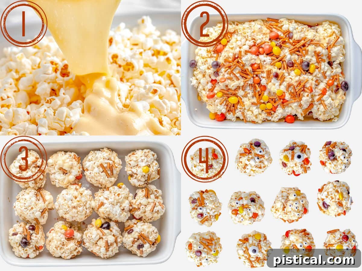 A four-panel collage visually demonstrating the process of making Halloween popcorn balls, from mixing ingredients to final decoration.