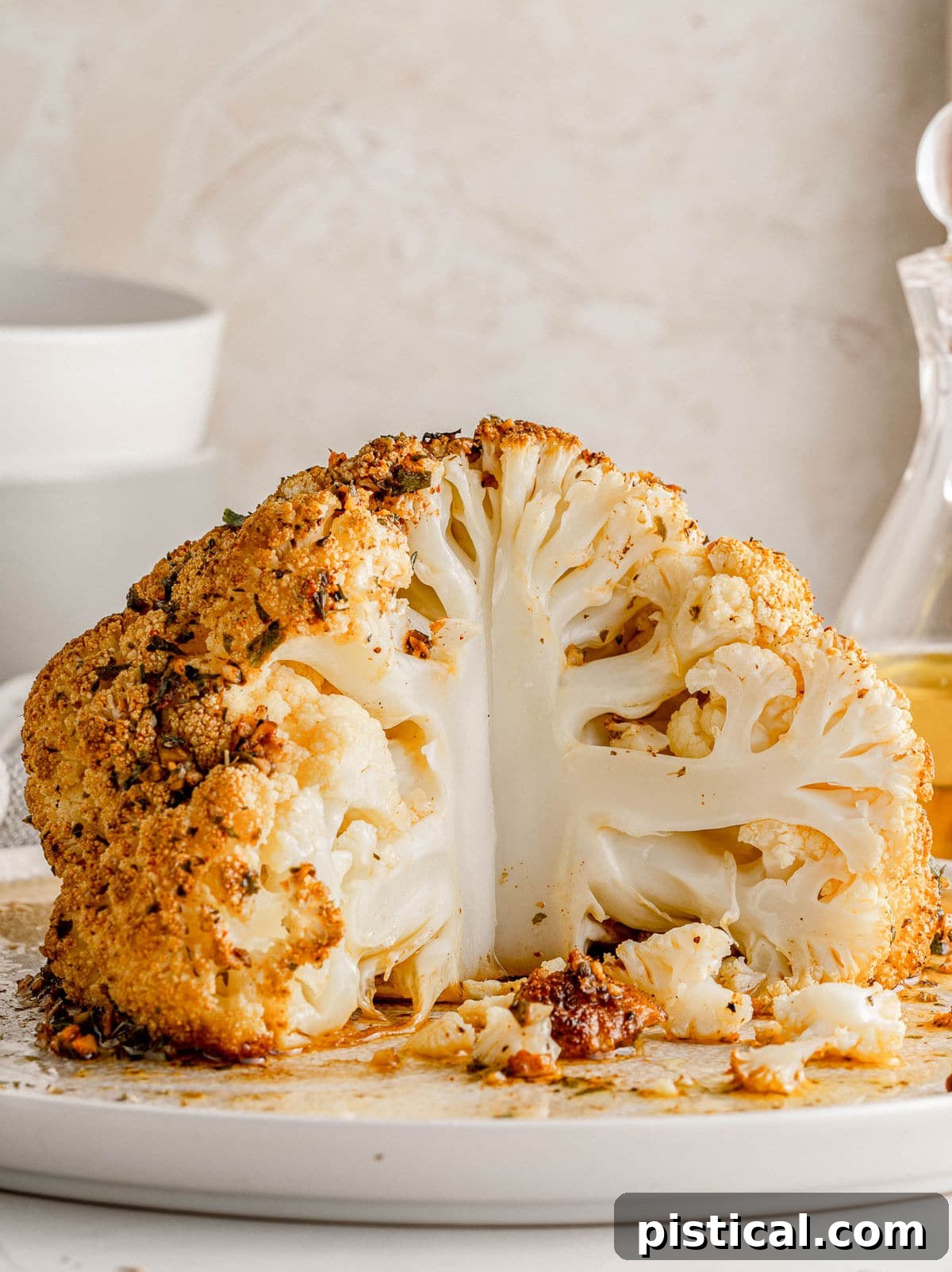 A beautifully roasted whole cauliflower head, seasoned to perfection, rests on a white plate with a portion already removed, revealing its tender interior.