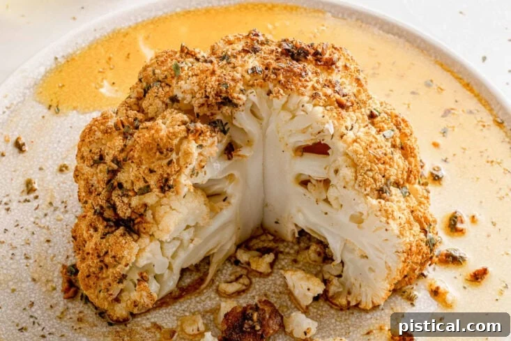 An overhead shot showcasing a whole roasted cauliflower head, beautifully drizzled with olive oil and generously seasoned with vibrant paprika and fresh parsley.