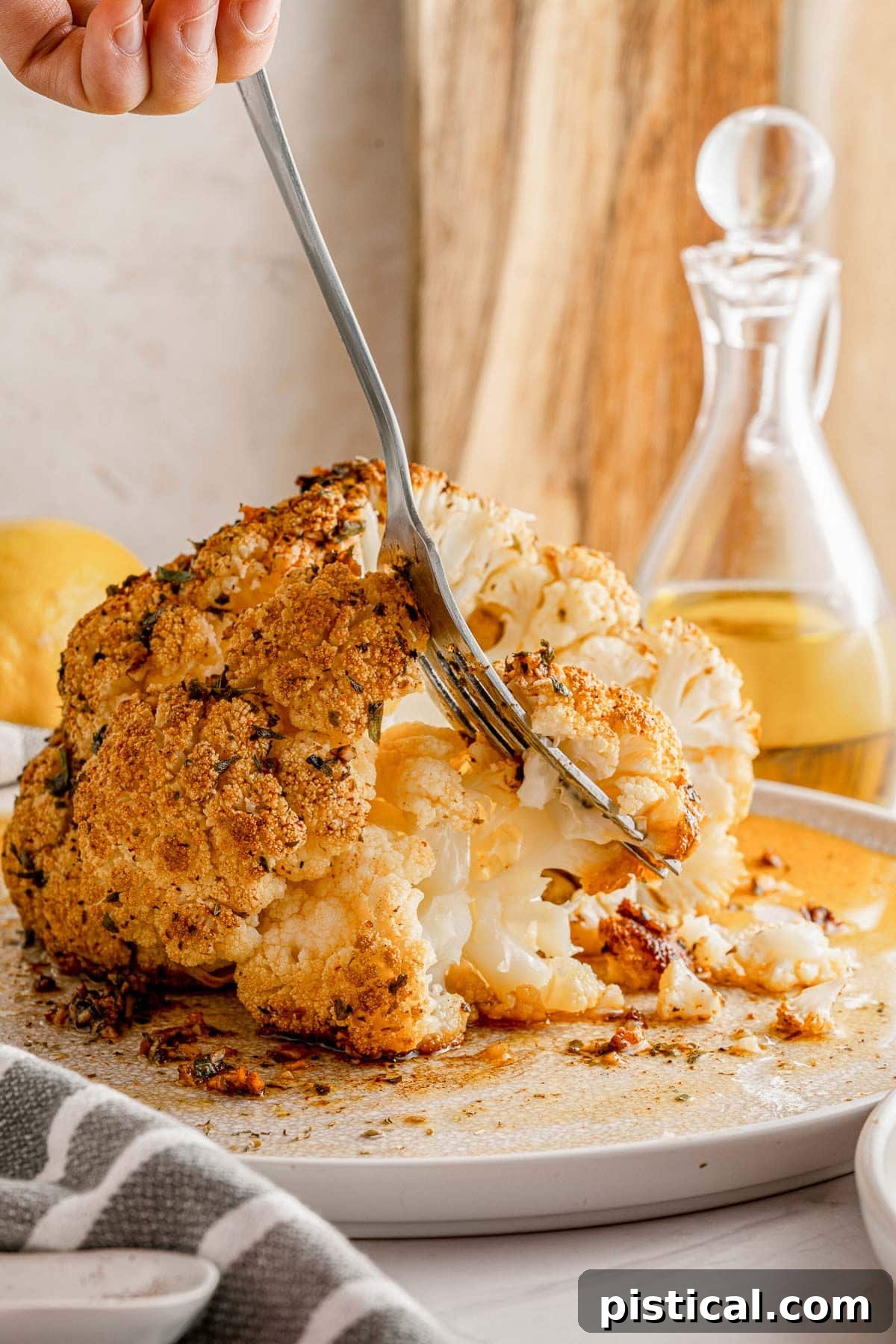 A fork gently pulls a tender, roasted piece of cauliflower from the main head, showcasing its perfectly cooked texture.