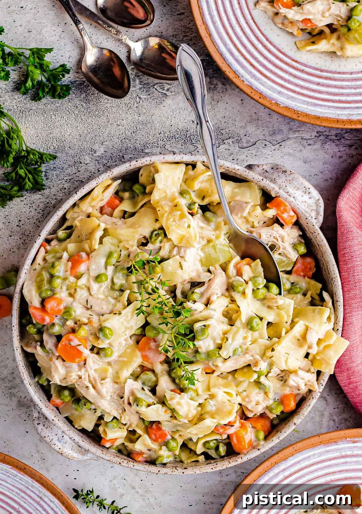 Savory Chicken Noodle Comfort 2 chicken and noodles recipe served in a stoneware bowl and topped with a sprig of thyme.