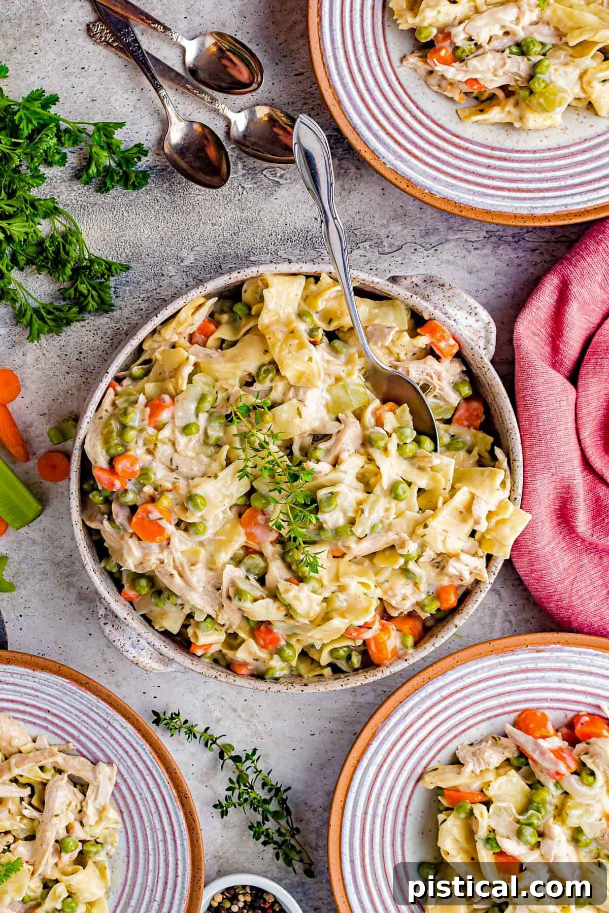 Savory Chicken Noodle Comfort 4 top down view of large serving bowl with chicken noodles recipe and three plates with servings already dished out.