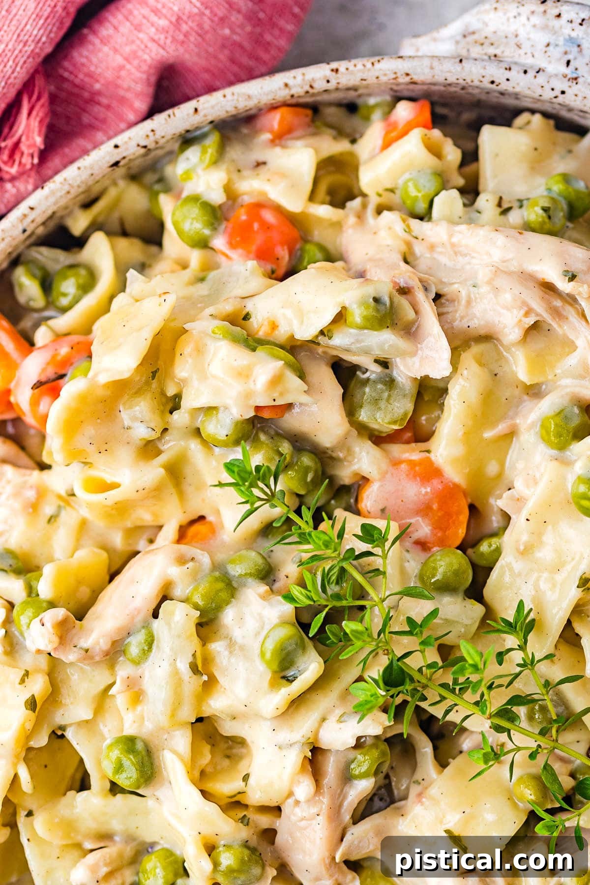 Savory Chicken Noodle Comfort 5 close up look at how creamy the chicken and noodles recipe is.
