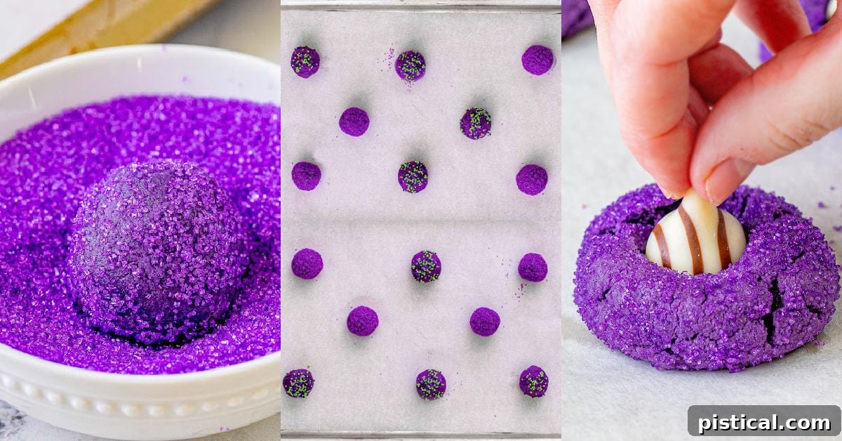 three image collage showing cookies being rolled in sugar, baked and having a kiss pressed into the top.