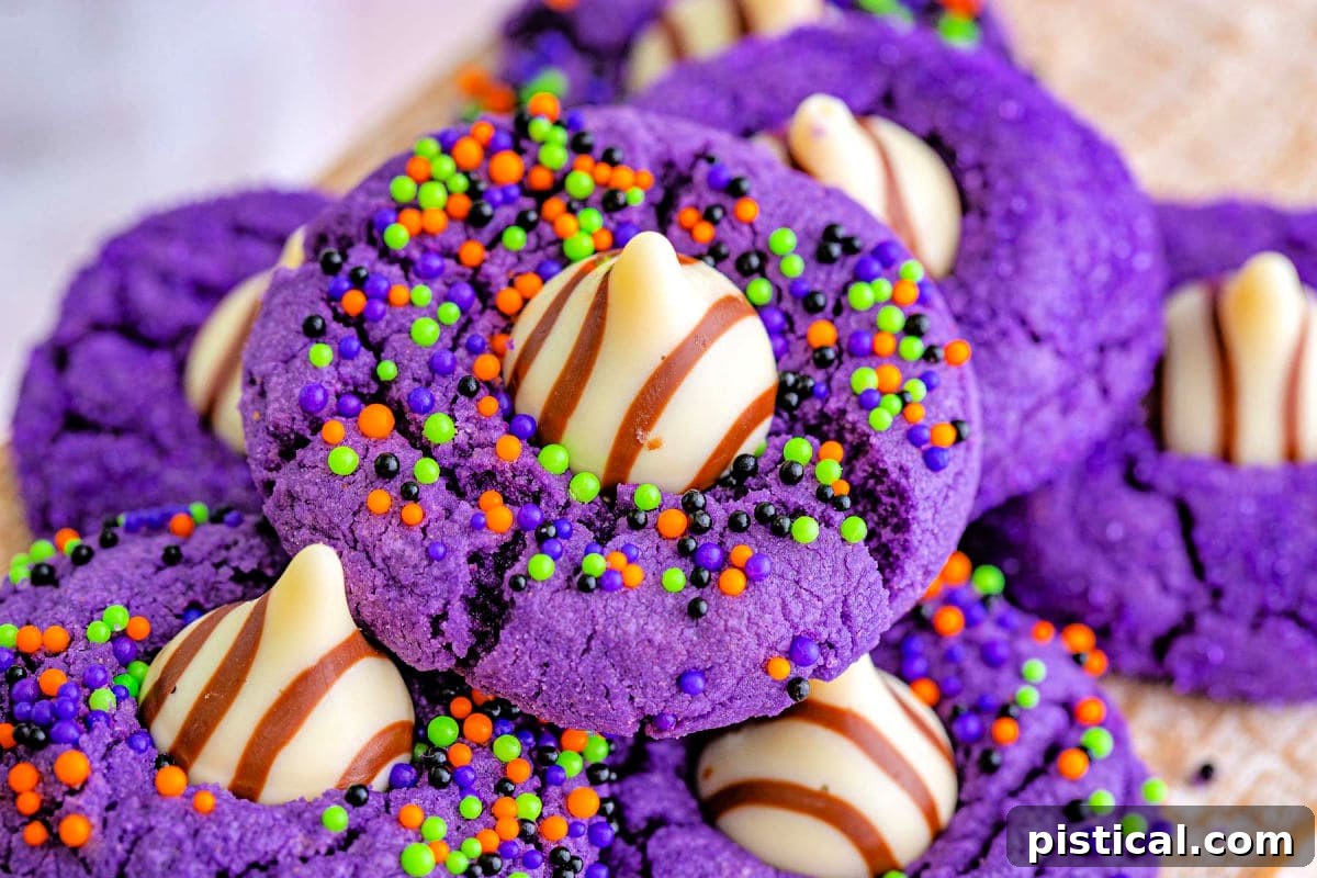 witch hat cookies made in the style of peanut butter blossoms with colorful sprinkles and purple sanding sugar.