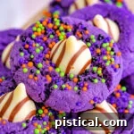 witch hat cookies made in the style of peanut butter blossoms with colorful sprinkles and purple sanding sugar.