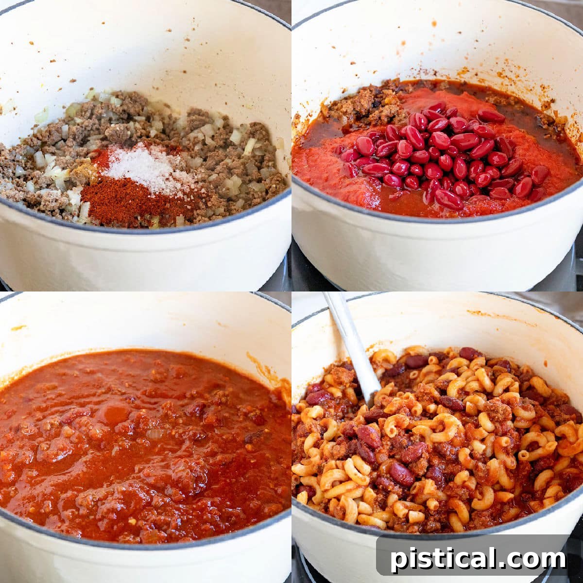 four image collage showing step by step how to make chili mac recipe.