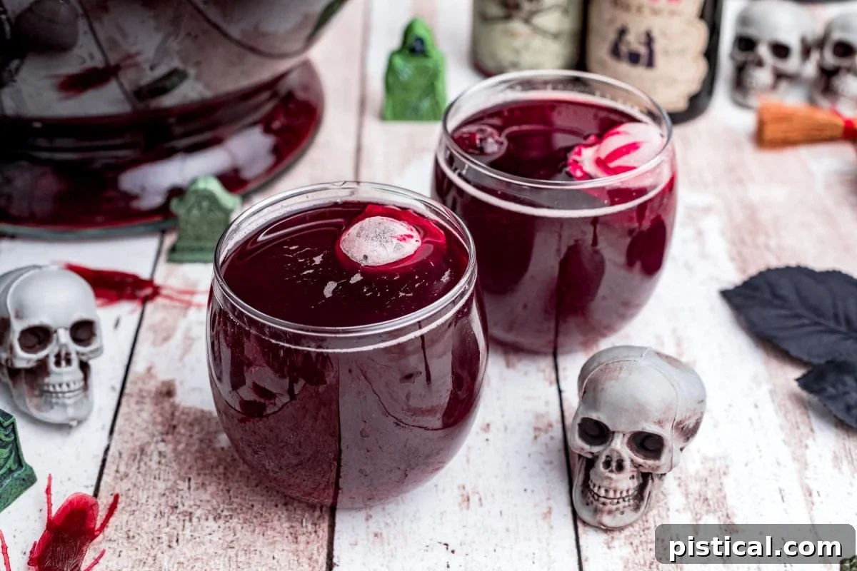 Eerie Elixir 4 Two glasses filled with deep red punch, each featuring a spooky skull-shaped ice cube floating menacingly within.