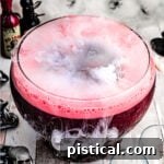 halloween punch that is dark red served in a large glass punch bowl with fog on top created by dry ice.