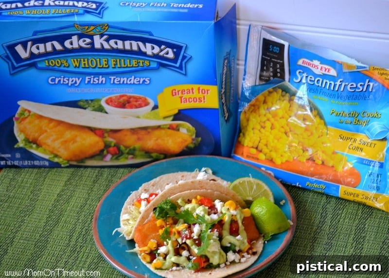 Finished fish tacos on a cutting board next to a package of Van de Kamp's fish and Birds Eye corn