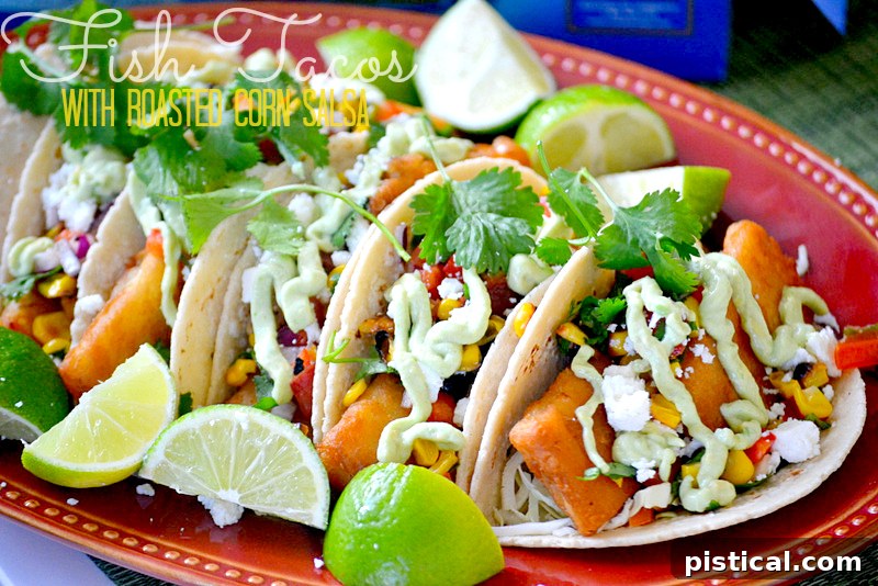 A beautifully assembled fish taco with crispy fish, colorful salsa, and creamy sauce