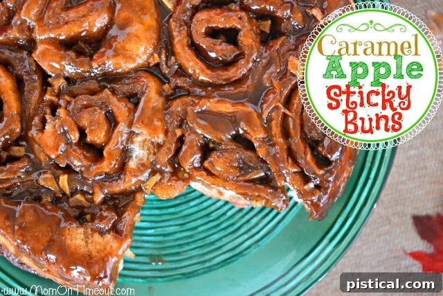Golden brown Caramel Apple Sticky Buns with gooey caramel sauce and apple chunks