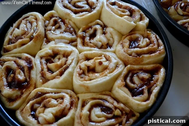 Baked sticky buns cooling in the pan