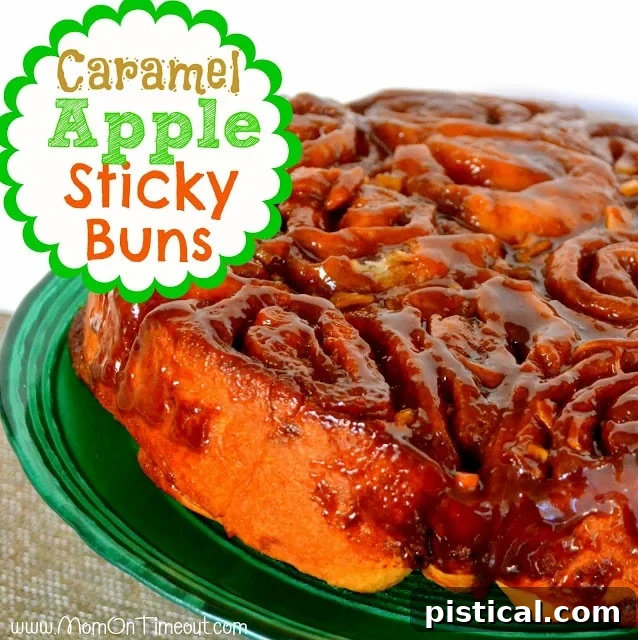 A beautifully styled flat lay of Caramel Apple Sticky Buns with coffee and fall decor