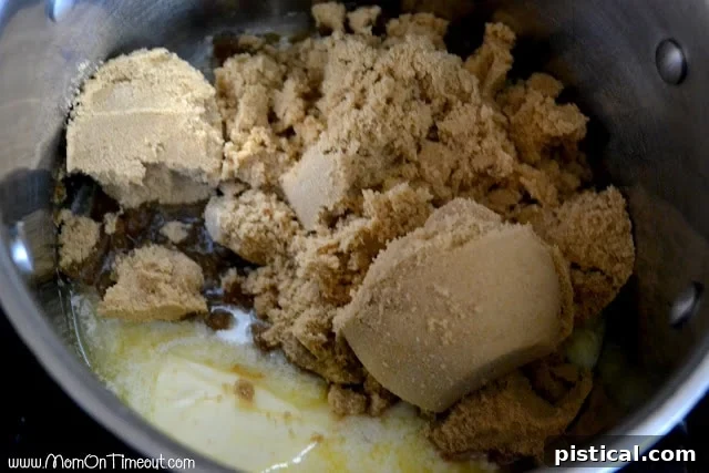 Brown sugar and butter simmering in a pot for homemade caramel sauce