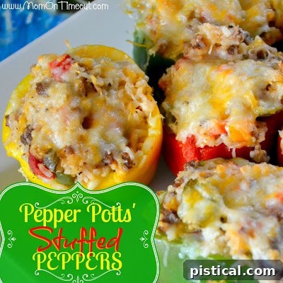 Close-up of baked Pepper Potts Stuffed Bell Peppers, cheesy and delicious